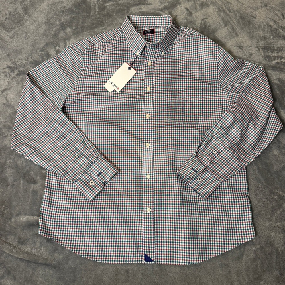 UNTUCKit Mens XL Wrinkle Free Gingham Button Down Shirt Green Blue Red NWT New